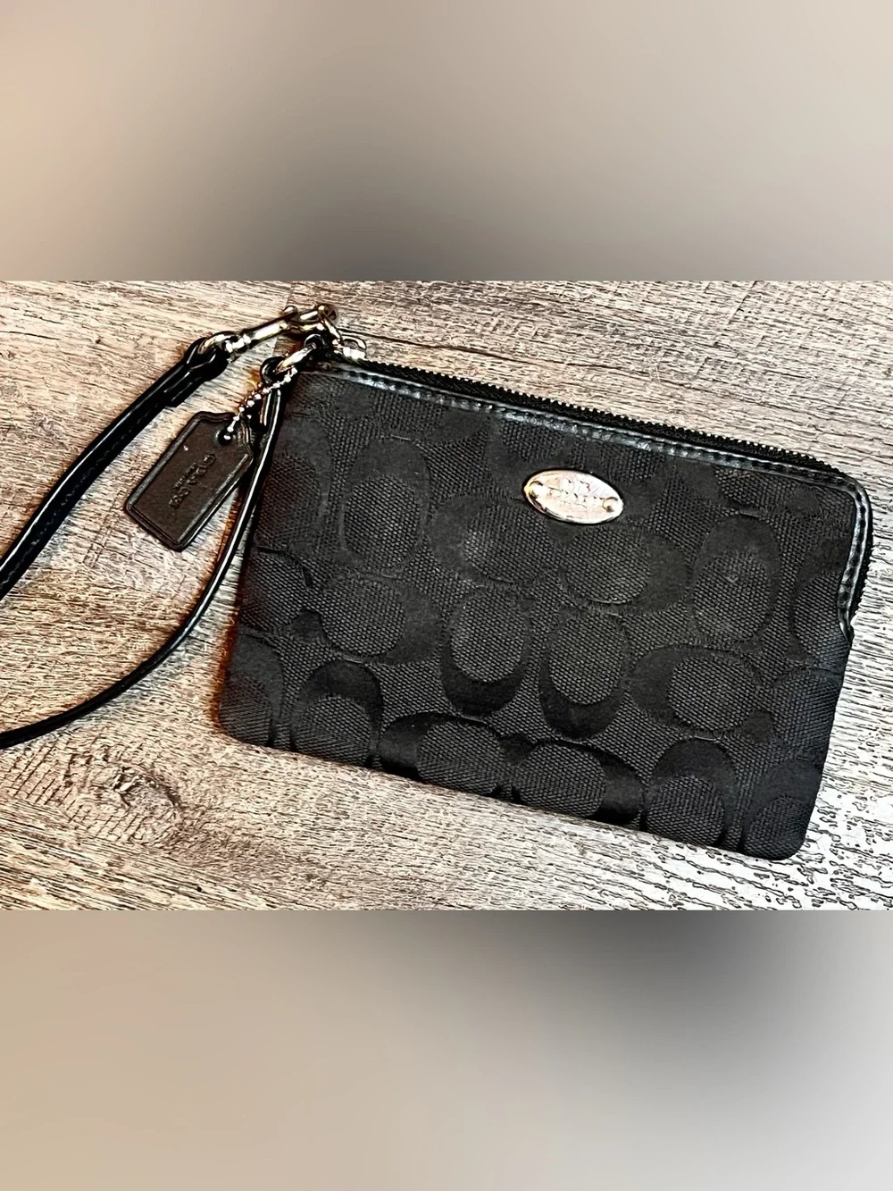 Coach F64375 Black Signature C Jacquard Corner Zip Wristlet Wallet